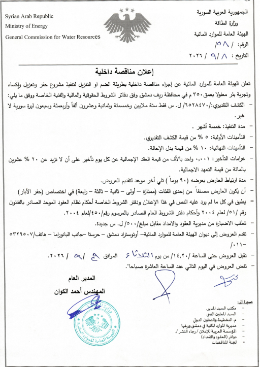الإعلان عن إجراء مناقصة داخلية بطريقة الضم أو التنزيل لتنفيذ مشروع حفر وتعزيل وإكساء وتجربة بئر معلولا بعمق 350 م في محافظة ريف دمشق